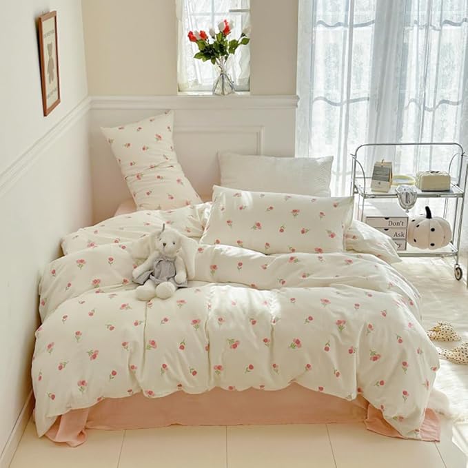 Nayoroom Pink Floral Duvet Cover Queen Size Cute Tulip Printed on White Comforter Cover 3Pcs Kids Girls Kawaii Cottagecore Bedding Set with Zipper Closure Soft Breathable Microfiber