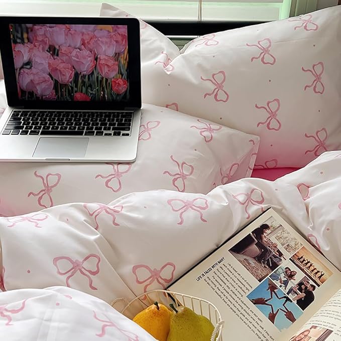 Nayoroom Pink Bow Duvet Cover Full Size Polka Dot Bowknot Coquette Duvet Cover 3 Pieces Soft Lightweight Microfiber Girls Cute Aesthetic Dorm Bedding Set