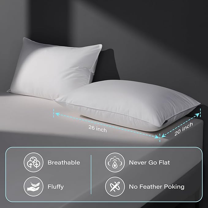 DOWNSTORIA Goose Feather Down Pillow Standard Size Set of 2, Firm Hotel Collection Bed Pillows for Sleeping, 2 Pack, Down Surrounded Pillows for Side Sleepers 20 x 26 in.