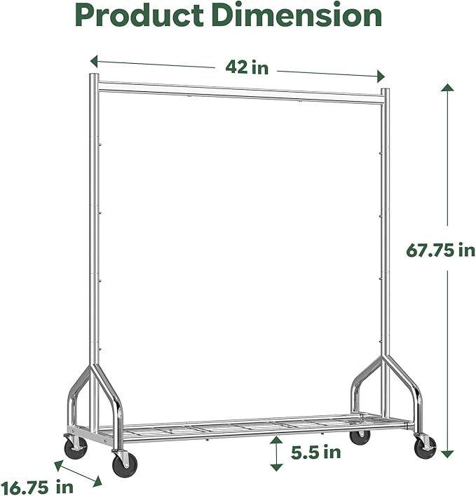 Simple Trending Heavy Duty Clothes Rack Load 420 LBS, Rolling Clothing Racks for Hanging Clothes, Metal Garment Rack with Wheels, Bedroom, Laundry Room, Silver