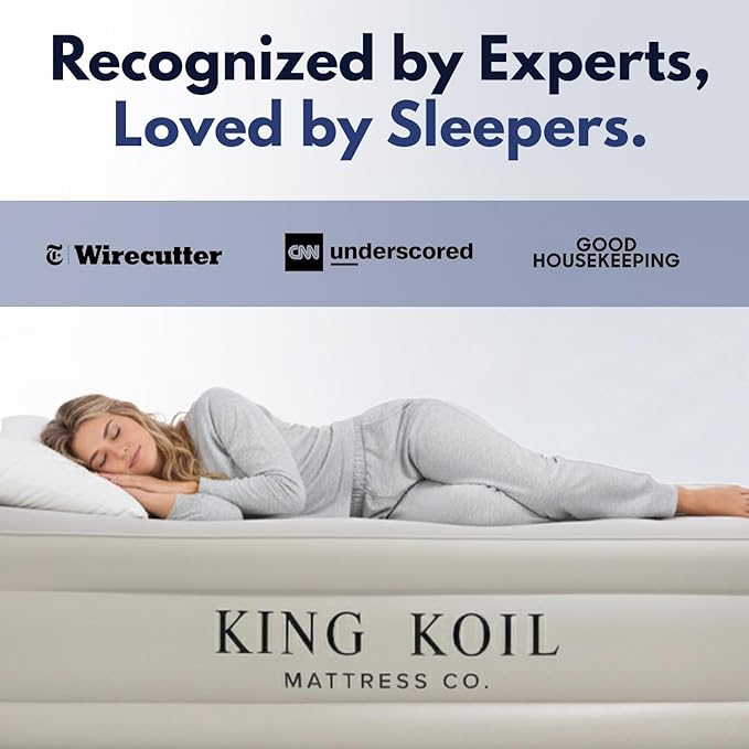 King Koil Plush Pillow Top Twin Air Mattress with Built-in High-Speed Pump for Camping, Home & Guests - 20” Twin Size Airbed Luxury Inflatable Blow Up Mattress, Waterproof, 1-Year Warranty