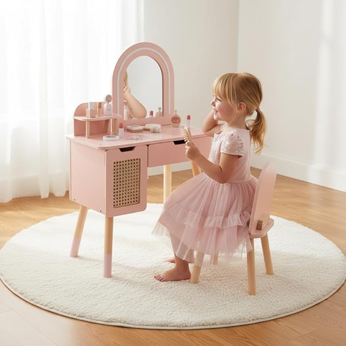 Kids Vanity Set with Lighted Mirror & Pretend Play Accessories, Pink Toddler Makeup Table and Chair Set with Storage Drawer, Princess Dressing Table for Little Girls Ages 3+