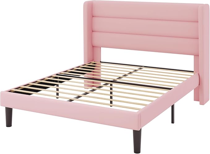 Allewie Full Size Platform Bed Frame with Velvet Upholstered Wingback Headboard, No Box Spring Needed, Under Bed Storage Space, Strong Wooden Slats, Modern Mattress Foundation, Easy Assembly, Pink