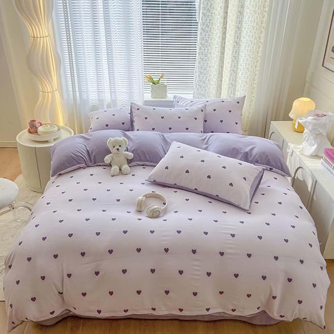 Nayoroom Purple Heart Duvet Cover Queen Size Cute Hearts Coquette Bedding Set Kids Girls Heart-Shaped Comforter Cover with Zipper Closure Soft Breathable Microfiber