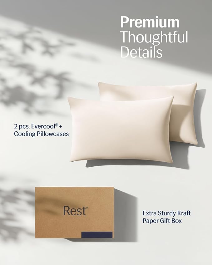 REST® Evercool®+ Cooling Pillowcases King - 2 Pillowcase for Sensitive Skin, Silver Infused Fabric for Hygienic Sleep, Silky Smooth for Curly Hair, High Elastic for Snug Fit (19x35 inches)