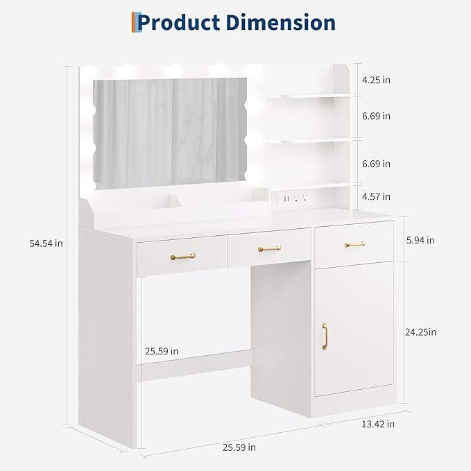 GarveeHome Vanity Desk with Mirror and Lights, Makeup Vanity with Power Outlet & 11 LED Bulbs, White Dressing Table with 3 Drawers and Storage Shelves, Modern Makeup Table for Bedroom, Standalone