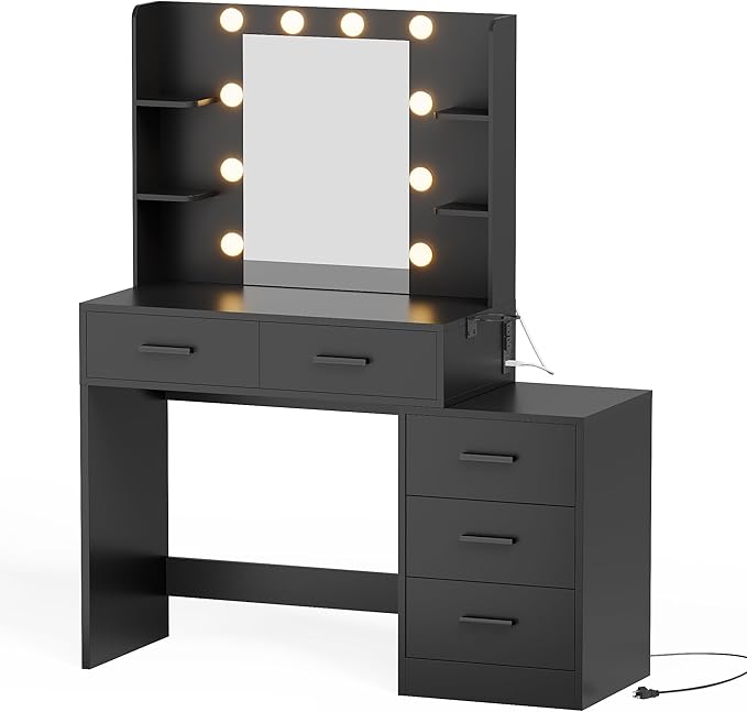 YESHOMY Makeup Vanity Desk with Mirror & Lights, Vanity Table with 5 Drawer, 6 Shelves, Charging Station for Bedroom, Dressing Room, Dark Black
