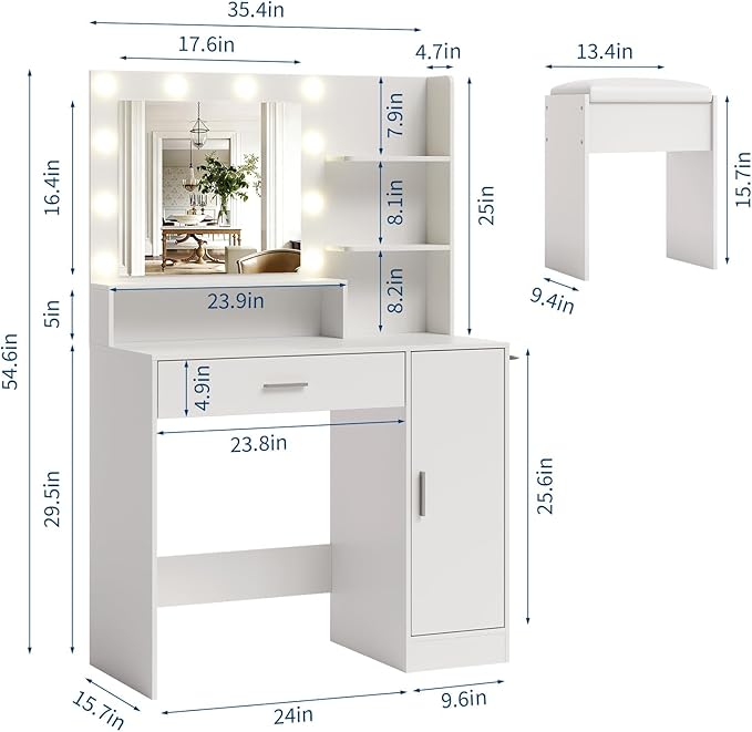 Garvee Vanity Desk with Mirror and Light, Makeup Dressing Table with Large Drawers and 3-Level Storage Dresser, 3 Lighting Modes Adjustable Brightness, Modern Vanity Set for Bedroom, White