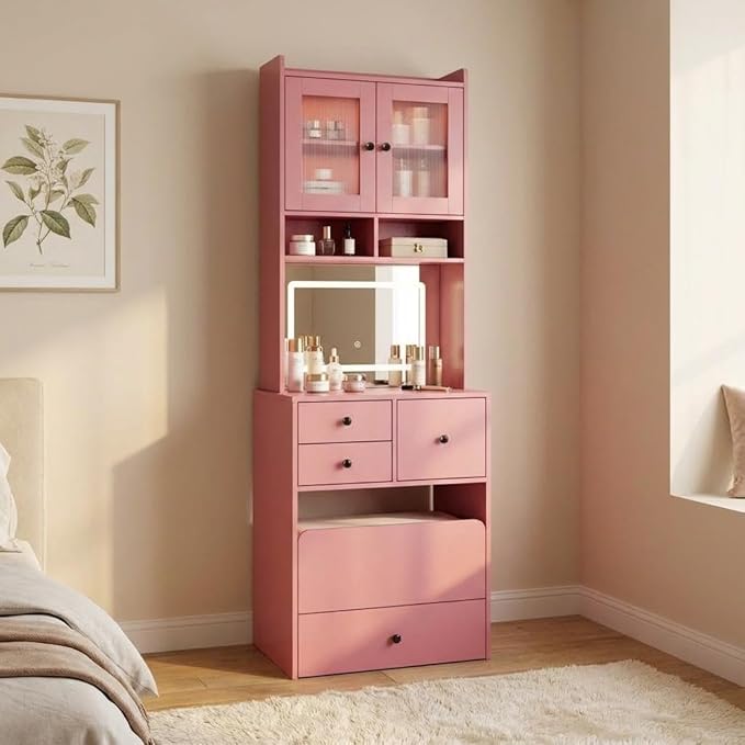 3-in-1 Make Up Vanity Desk with Mirror & Lights, Compact Vanity Table with Drawers, Storage Compartment and Rolling Stool, Modern Small Makeup Vanity and Storage Chair for Bedroom, Powder Room