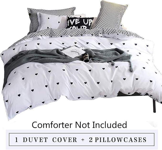 Omelas Kids Heart Love Queen Duvet Cover Set Black and White Teens Girls Lovely Heart-Shaped Pattern Striped Reversible Full/Queen Bedding Soft Breathable Quality Brushed Microfiber (3 Pcs,XD,Q)