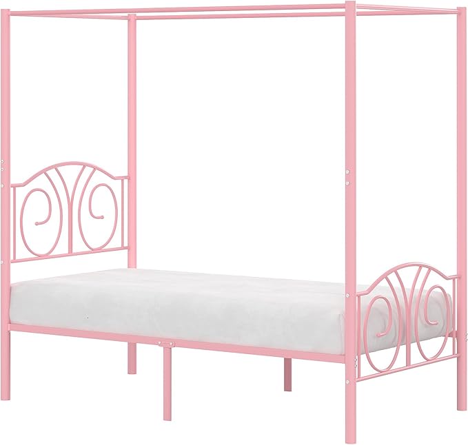 VECELO Metal Canopy Bed Frame Twin Size, 4 Posters Platform Mattress Foundation with Headboard, Heavy Duty Steel Slats Support, No Box Spring Needed, Pink
