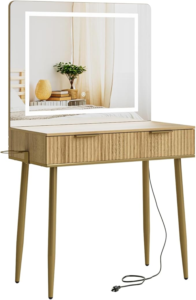 Vanity Desk with Large Mirror and Lights, Small Makeup Vanity Table with 2 Drawers, Dressing Table with 3 Adjustable Lighting Color, Small Makeup Desk for Bedroom, Natural with Gold Leg