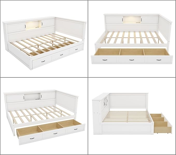 Merax Full Size Corner Bed Frames with Storage Drawers, USB Port, Led Downlight Headboard & Bookcase, Wooden Captain Daybed for Small Room, Bedroom, Kids'Room, Box Spring Not Required Bed Frames