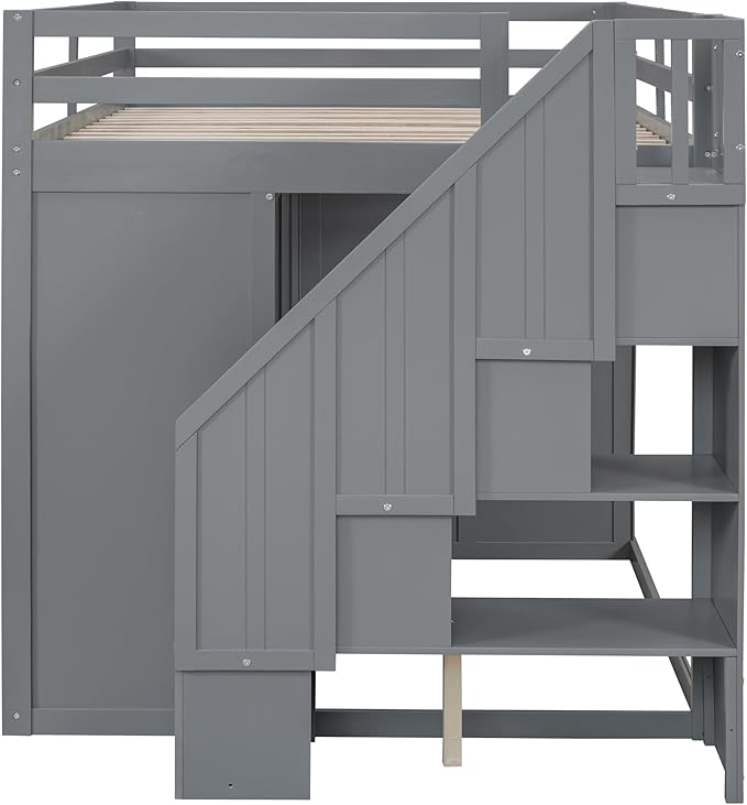 LUMISOL Full Size Loft Bed with Built-in Wardrobes and Drawers, Wood Loft Bed with Storage Stairs and Cabinet, Wood Loft Bed with Multiple Storage, Gray
