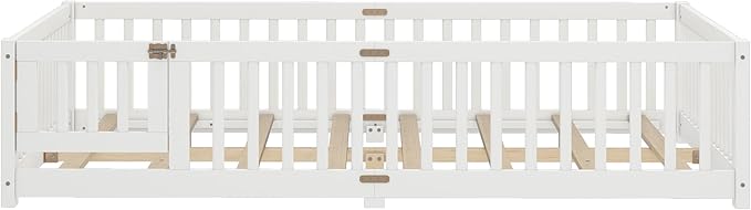 Bellemave Queen Floor Bed Frame with Rails and Door, Solid Wood Montessori Queen Size Floor Bed for Kids, Low Profile Montessori Beds with Removable Slats, White