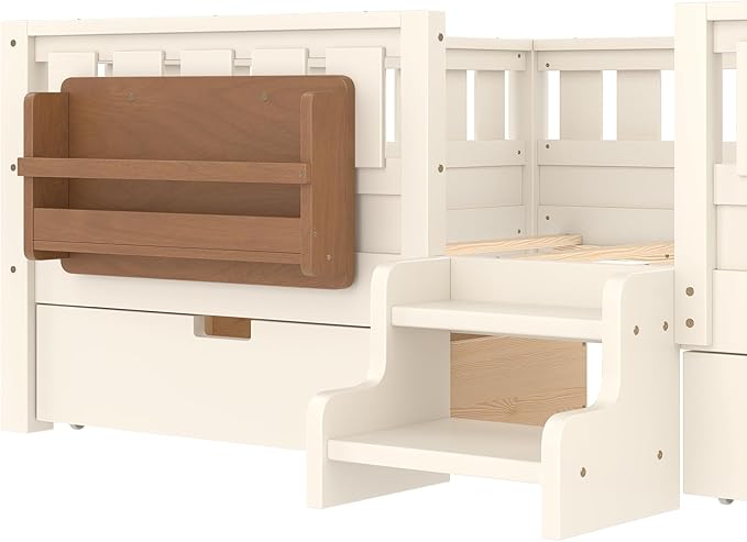 Bellemave Queen Size Kids Montessori Bed with Stairs and Bookshelf,Solid Wood Queen Size Kids Bed Frame with Drawers and Storage for Girls Boys,Low-Profile,Beige