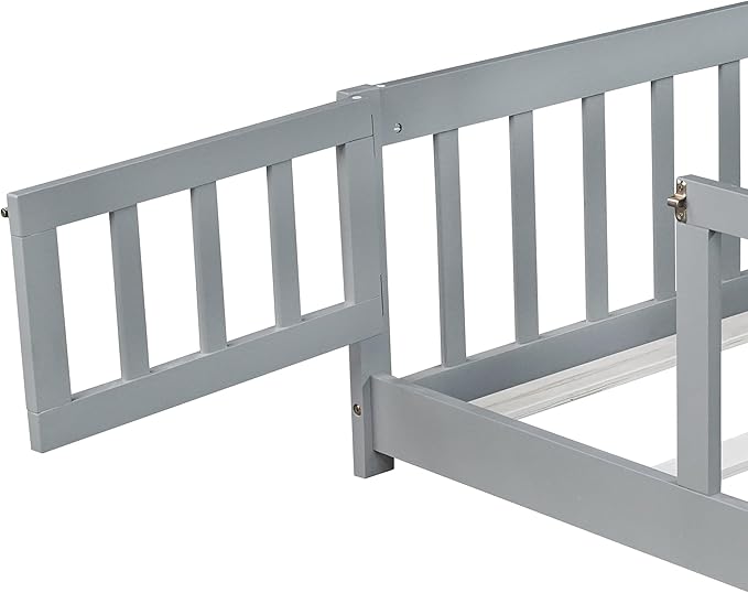 Bellemave Full Size Montessori Floor Bed Frame with Rails & Door, Solid Wood Kids Floor Bed Full with Removable Slats, Low Profile Montessori Bed for Children’s Sleep & Play, Grey
