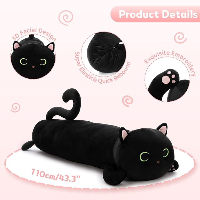MaoGoLan Black Cat Plush Body Pillow, 44'' Giant Glow in The Dark Cat Stuffed Animal Toy for Girl Boy Kid, Big Cute Kitten Plush Throw Pillow for Birthday Gift, Baby Shower Party Favor Decor