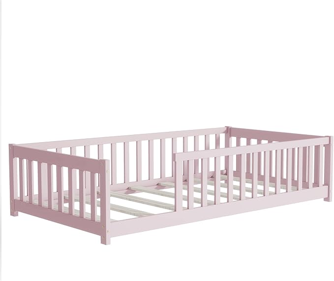 Bellemave Twin Floor Bed with Slats and Safety Guardrails, Twin Size Montessori Floor Bed with Fence and Without Door, Easy Assemble Montessori Beds Frame for Girls, Boys, Pink
