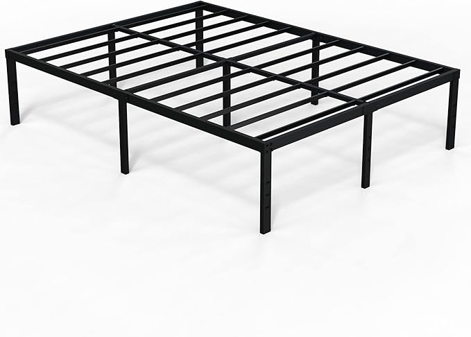 EMODA Queen Bed Frame No Box Spring Needed 18 Inch Heavy Duty Metal Tall Platform Bed Frame Queen Size with Large Storage Space, Easy Assembly, Black