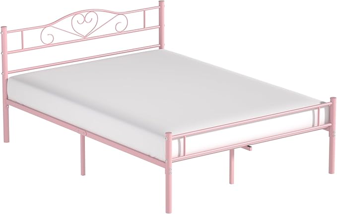 VECELO 14 Inch Queen Size Metal Platform Bed Frame with Headboard and Footboard, Heavy Duty Mattress Foundation with Steel Slats Support, No Box Spring Needed, Pink