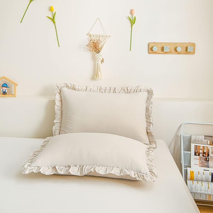 Cream King Ruffled Shams - Set of 2, Cute Solid Fringe Design, Beige Grey - Shabby Chic Pillowcases (King, 20''x36'')
