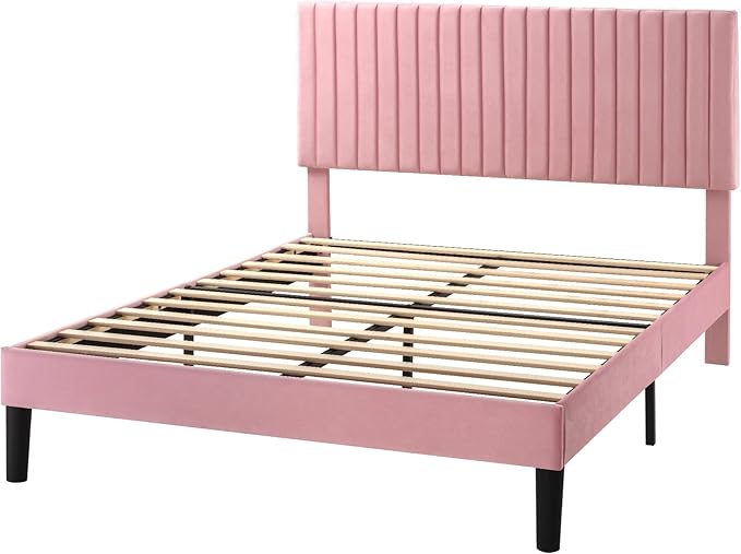 SHA CERLIN Queen Upholstered Platform Bed Frame with Adjustable Headboard/Vertical Channel Tufted Velvet Fabric/Wooden Slats Support/Mattress Foundation/Box Spring Optional/Pink