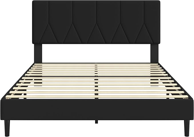 Queen Bed Frame, Padded Platform Bed Frame with Velvet Headboard, Vertical Quilted Design, Sturdy Slatted Mattress Base, No Spring Mattress Required, Easy to Assemble, Black