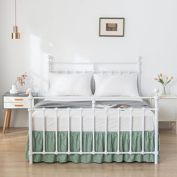 Bed Skirt Full Size Ruffled Bed Skirt with Split Corners, 14 Inch Drop Dust Ruffle Bed Skirts with Platform, Boho Tufted Shabby Chic Full Size Bed Skirts, Sage Green