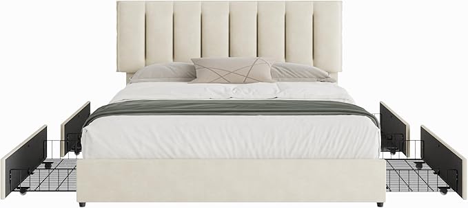 VECELO King Size Bed Frame with 4 Storage Drawers, Adjustable Height Headboard, Heavy-Duty Bedframe with Strong Wooden Slats, No Box Spring Needed, Pale Beige
