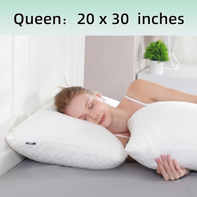 Rainmr Queen Size Bed Pillow for Sleeping Shredded Memory Foam Adjustable Loft Pillows with Cooling Washable Pillow Case, 20x30 inches (White, Queen 1-Pack)