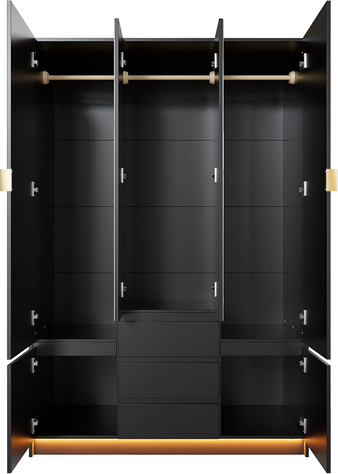 PAKASEPT 4 Doors Armoire Wardrobe Closet with Led Light & Mirror, Bedroom Large Capacity Freestanding Armoire Wardrobe with Drawers, Storage Cabinet with Hanging Rod Storage Closet for Bedroom