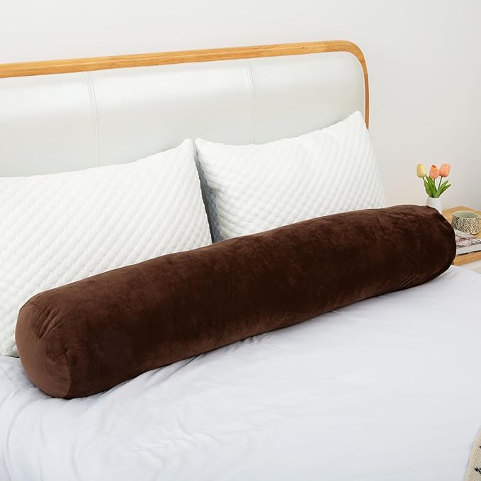 1 MIDDLE ONE Round Body Pillow for Adults, Long Bolster Pillow for Bed with Removable Velvet Cover, Decorative Tube Roll Cylinder Pillow, 47 x 7.87 Inch, Coffee