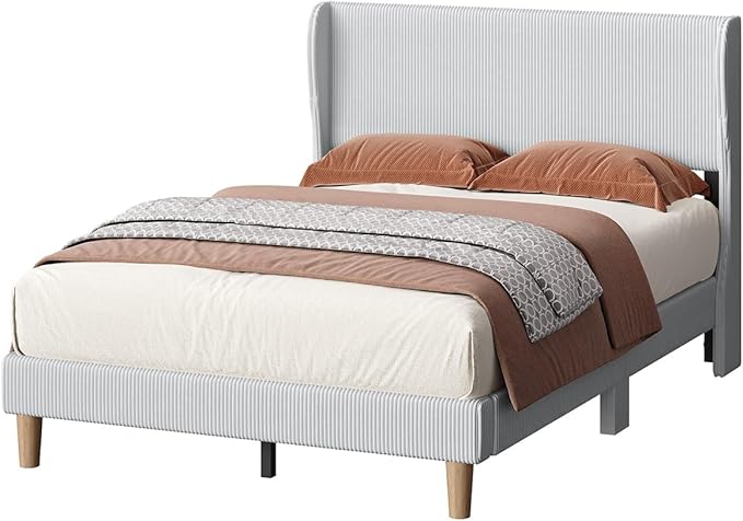 Bestier Full Bed Frame with Wingback Headboard,Upholstered Platform Full Size Bed with Strong Wooden Slats,No Box Spring Needed,Never Squeaks,Easy Assembly,Light Grey