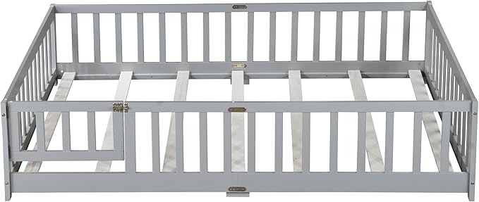 Bellemave Full Size Floor Bed with Slats and Safety Guardrail, Full Size Montessori Floor Bed with Fence and Door, Easy Assemble Montessori Beds for Kids, Girls, Boys, Gray