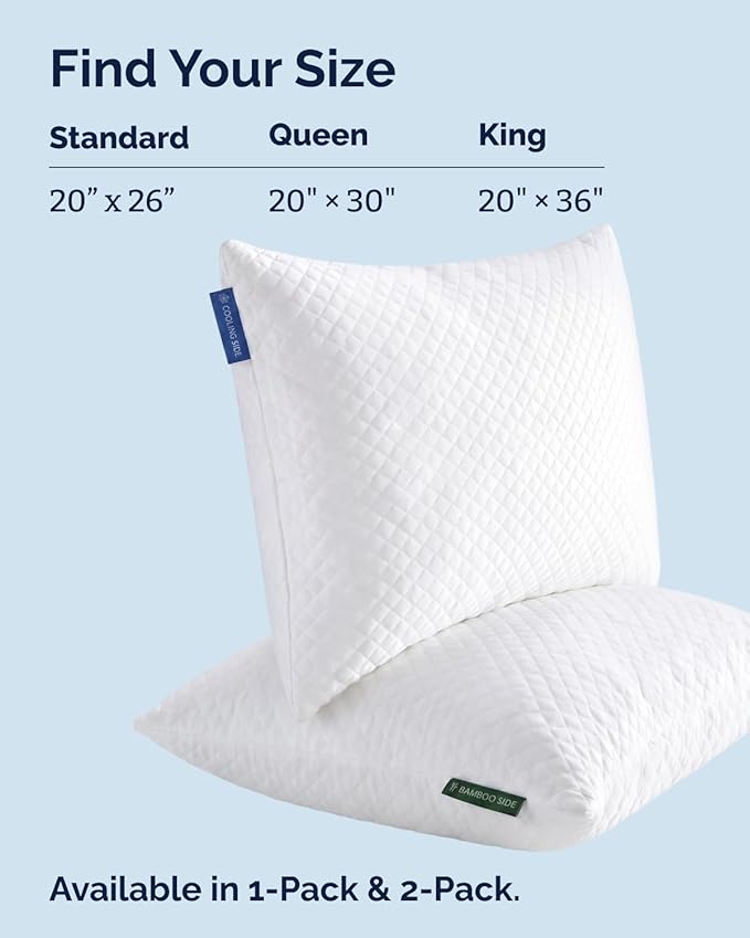 Cooling Pillow Queen Size Pack of 1 - Breathable Cooling Bed Pillows for Hot Sleepers - Adjustable Shredded Memory Foam - Soft or Firm, Supportive for Side, Back and Stomach Sleepers - Washable Cover