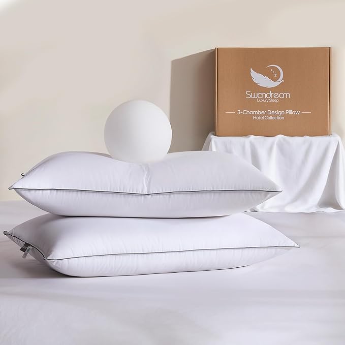 Goose Feather and Down Bed Pillows Standard Size Set of 2, Luxury 3-Chamber Pillows with Soft & Down-Proof Cover, Fluffy Plush Hotel Pillows for Side, Back & Stomach Sleepers