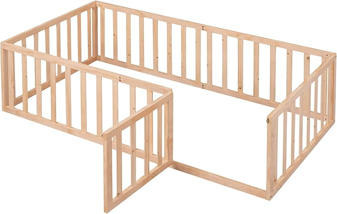 Bellemave Twin Size Montessori Floor Bed with 21.7" High Rails, Pine,Plywood Floor Bed with Small Door, Natural