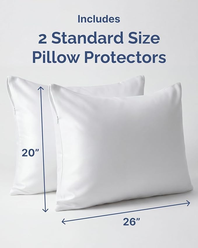 Set of 2 Pillow Protectors with Zipper - Standard Size - Bed Bug and Dust Mite Proof Pillow Covers - Noiseless, Moisture Wicking & Waterproof Pillowcases - Soft, Breathable & Machine Washable (White)