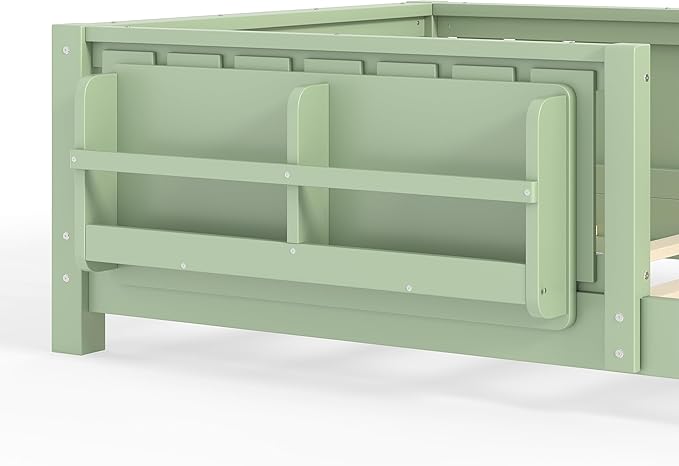 Bellemave Twin Floor Bed Frame with Fence & Bookshelf, Solid Pine Wood Twin Montessori Floor Bed with Slats Load 250LBS, Low Profile Floor Bed for Kids, Bedroom, Nursery, Easy Assembly, Green