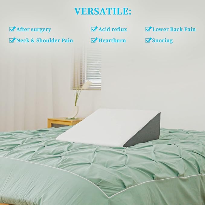 Bed Wedge Pillow for Sleeping, 8" 24" 24" Triangle Pillow Wedge, Cooling Memory Foam Top, Elevated Support Wedge Pillow - Removable Washable Cover
