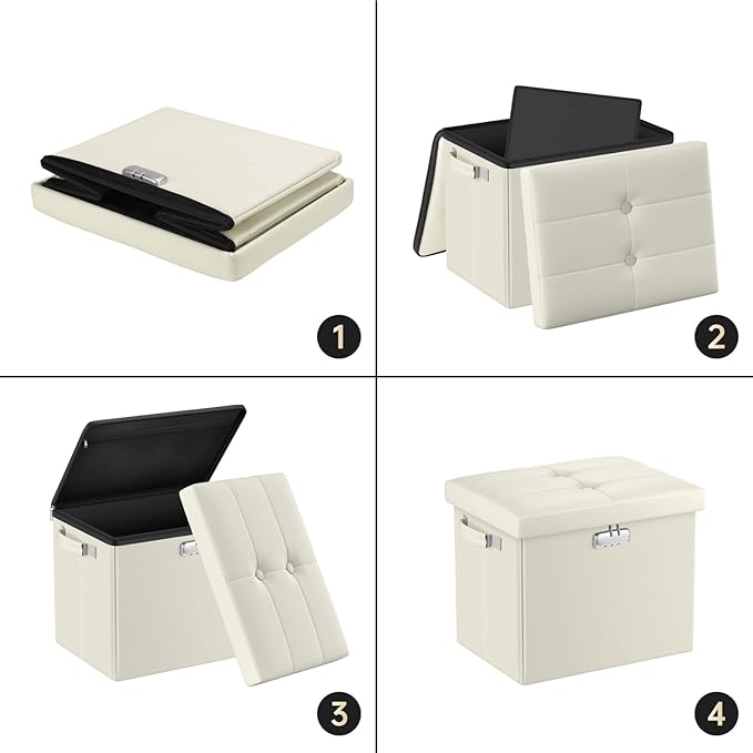 DocSafe Storage Ottoman with Lock,Fireproof&Waterproof 17 Inches Folding Storage Box with Handles Safe for Important Documents,Leather Storage Ottoman Storage Chest for Living Room,Bedroom,Beige