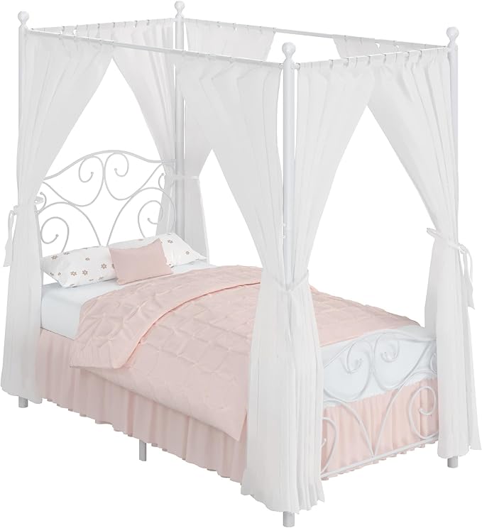 VECELO Metal Canopy Bed Frame Twin Size, 4 Posters Platform Mattress Foundation with Headboard, Heavy Duty Steel Slats Support, No Box Spring Needed, White