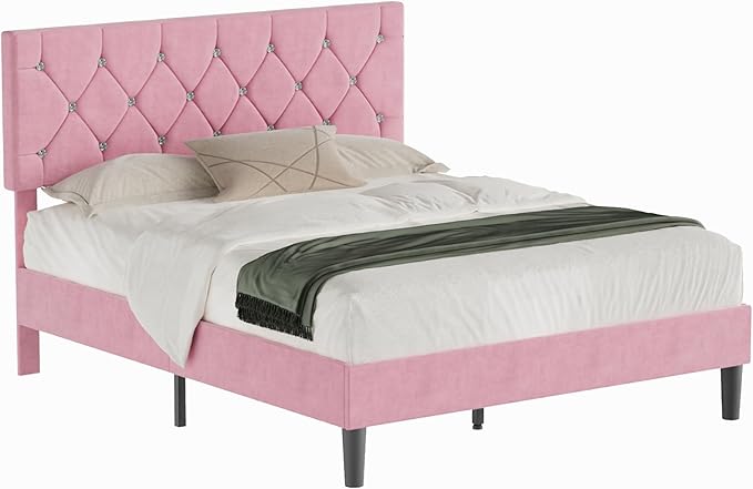 VECELO Queen Size Bed Frame with Diamond Tufted Headboard, Upholstered Platform Bedframe with Wood Slat Support, No Box Spring Needed, Mauve Pink