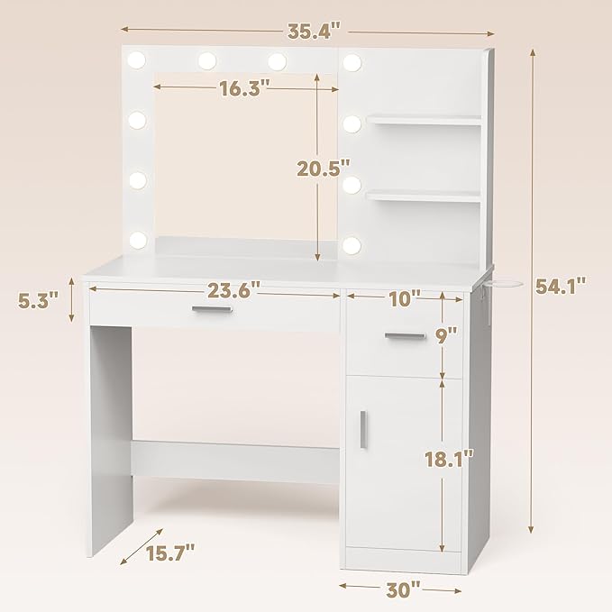 JUMMICO 35.4" Vanity Desk with Mirror and Lights - LED Makeup Vanity Table with Charging Station, 3 Color Adjustable Lights, 3 Drawers & Large Cabinet with Shelves for Bedroom Dressing Room (White)