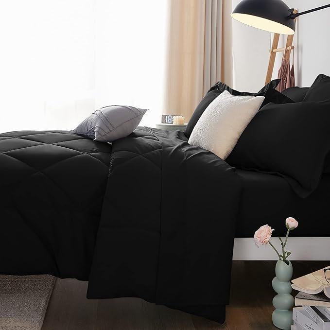 CozyLux Queen Comforter Set Black - Bed in a Bag Queen Size 7 Pieces, Luxury Soft Bed Set for All Seasons, Bedding Set with Down Alternative Comforter, Sheets, Pillowcases & Shams (Pack of 2)