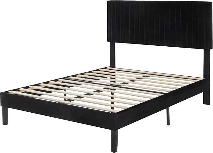 SHA CERLIN Full Upholstered Platform Bed Frame with Adjustable Headboard/Vertical Channel Tufted Velvet Fabric/Wooden Slats Support/Mattress Foundation/Box Spring Optional/Black