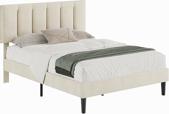 VECELO Full Size Bed Frame with Upholstered Headboard, Heavy-Duty Bedframe with Strong Wooden Slats Support, No Boxing Spring Needed, Pale Beige
