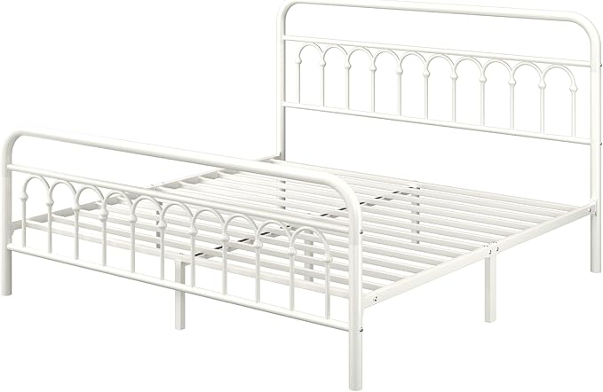 Allewie 14 Inches King Size Metal Platform Bed Frame with Victorian Style Curved Iron-Art Headboard/Footboard, Easy Assembly, Under Bed Storage, No Box Spring Required, Cream White