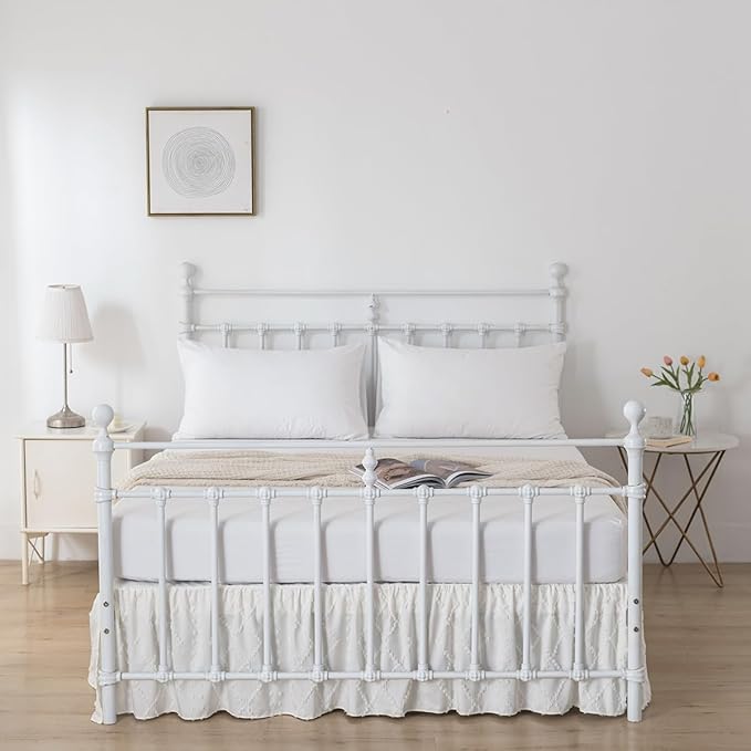 Bed Skirt Twin Size Ruffled Bed Skirt with Split Corners, 18 Inch Drop Dust Ruffle Bed Skirts with Platform, Boho Tufted Shabby Chic Full Size Bed Skirts, Ivory